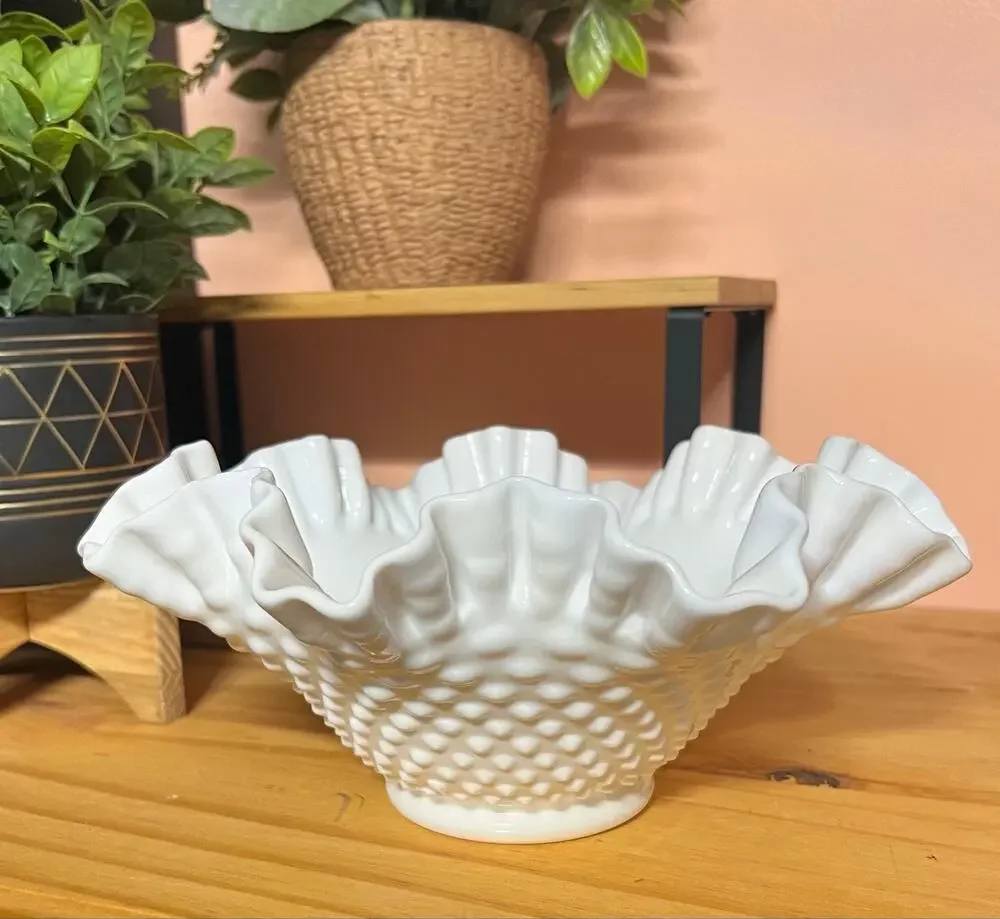 Vintage Fenton Hobnail 9” Double Crimped Top Bowl